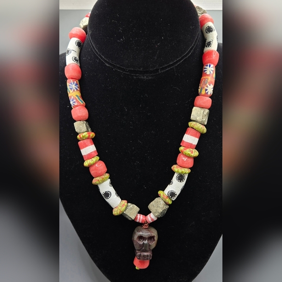 Unsigned | Jewelry | Carved Stone Skull Necklace Handmade Pyrite Clay ...